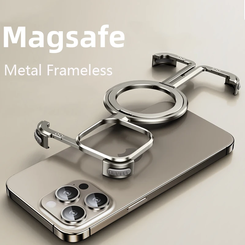 

Aluminum Metal Frameless Magsafe Stand Phone Case For iPhone 13 15 Pro Max 16Pro 16ProMax Four-Corner Airbag Shockproof Cover