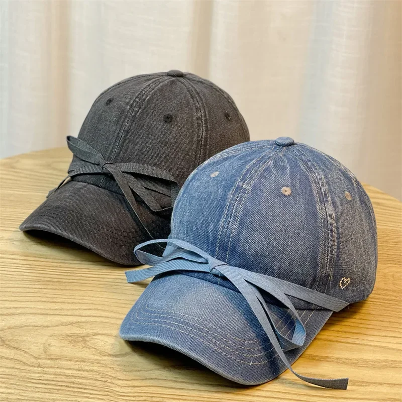 

New Summer Baseball Hat Women's Lace Bow Love Denim Duck Tongue Hat Fashionable Outdoor Leisure Sunshade Hat BQ2284