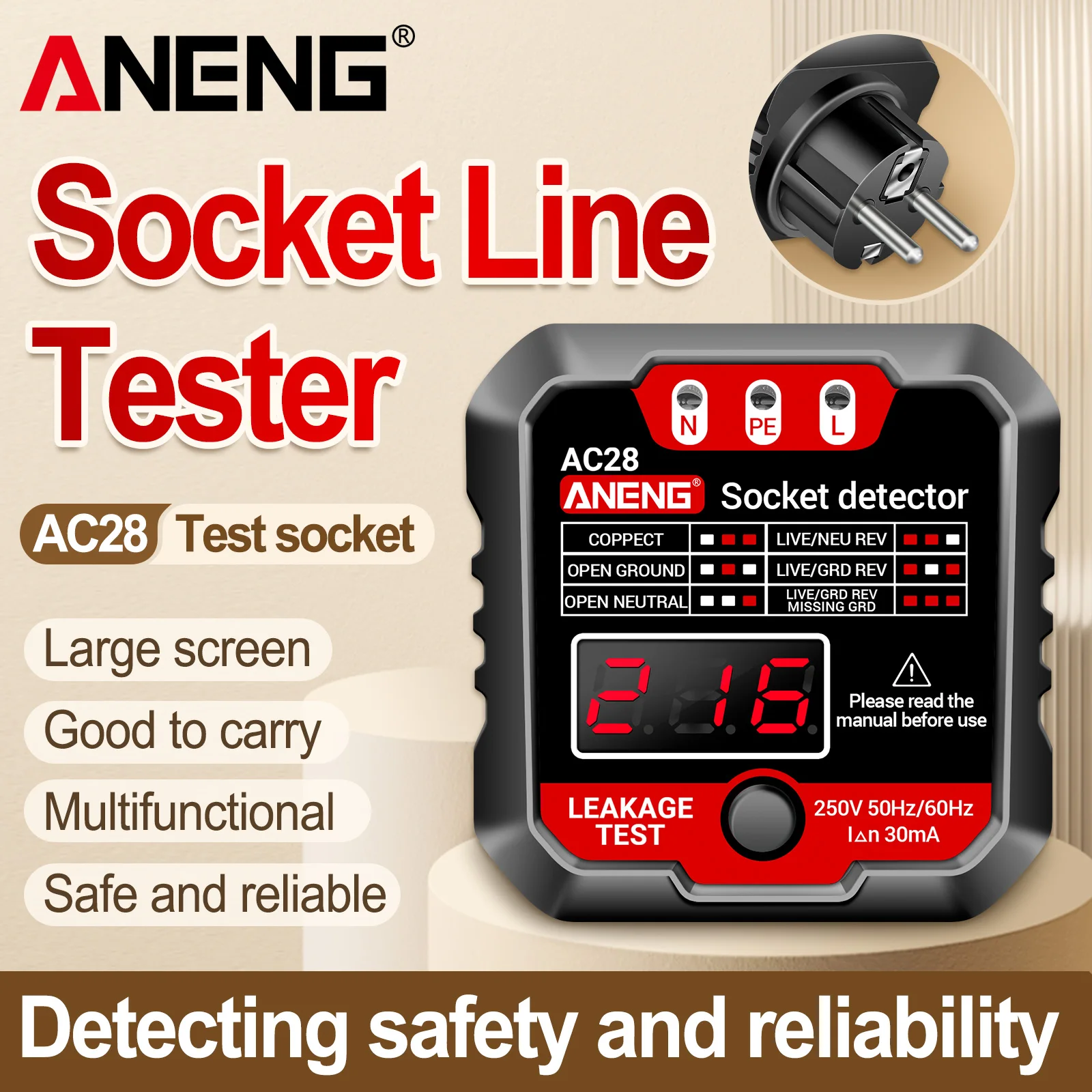 ANENG AC28 Digital Voltage Tester Wall Socket Leakage Detector Outlet Polarity Ground Fault Checker US and EU Plug Available