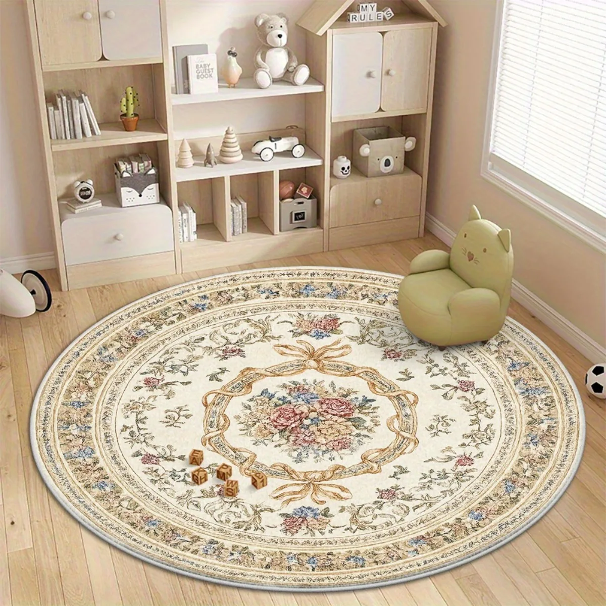 Vintage Floral Round Polyester Throw Rug for Living Room and Bedroom Ornate Circle Carpet Mat Floor Decoration Cushion Area Rug