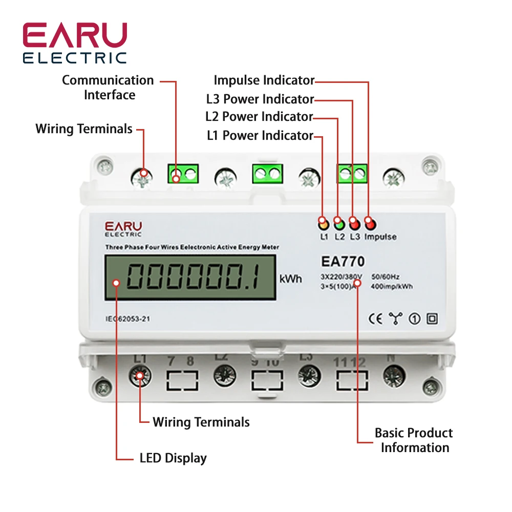 Three Phase Four Wires Eelectronic Active Energy Meter kWh Power Consumption Monitor DIN Rail 50/60Hz 3*5(100)A 3*220V/380V