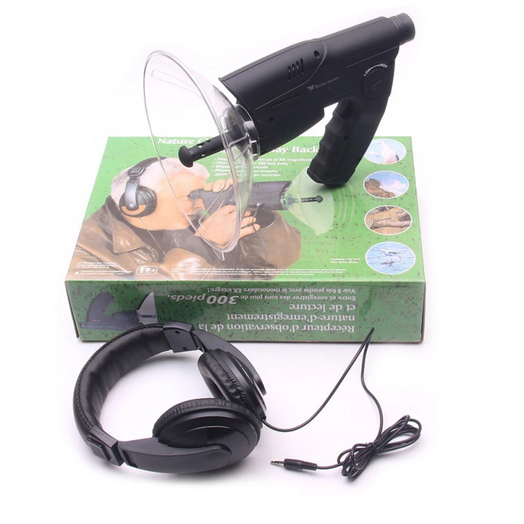 Parabolic Dish Directional Microphone Clear Sight Long Distance Hearing Birds Listening Telescope black