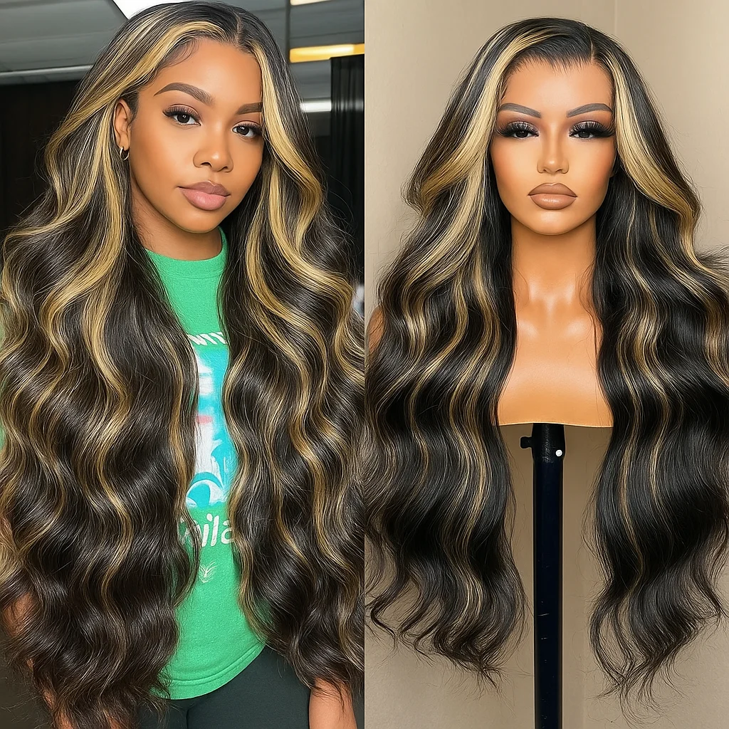 1B/27 الأسود والأشقر يسلط الضوء على الجسم موجة 13x4 HD الدانتيل الجبهة خصلات الشعر المستعار الإنسان 200% البرازيلي الملونة الدانتيل الباروكة الأمامية للنساء