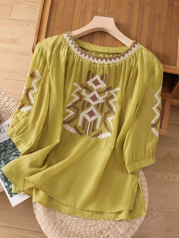 

Retro Embroidered Cotton Linen irt Women's Summer Casual Sle Slimming Top round Ne ort Sve Comfortable Breathable