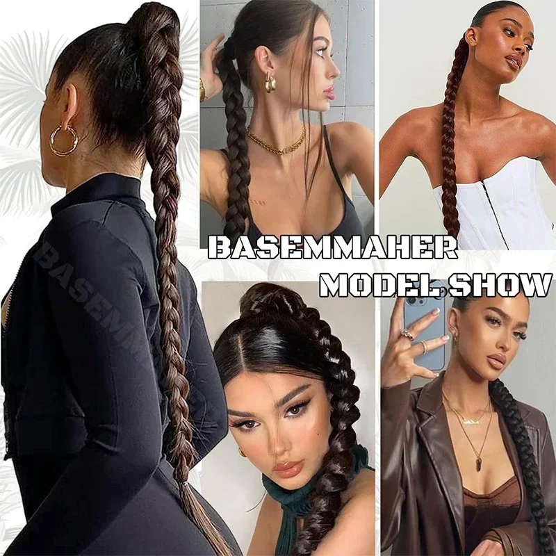 Braiding Ponytail Hair Extensions 24 Inch Brown Braid Ponytail for Women Hairpiece Synthetic Long Wrap Around Braided Horse Tail