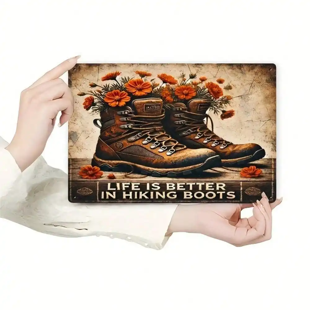 Vintage Metal Wall Art Sign 8x12 Inch - Rustic Iron Hiking Boots Decorative Plaque For Living Room Gift