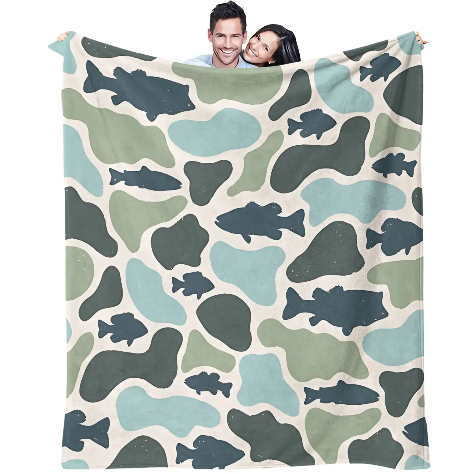 Fish Camo Print Flannel Throw Blanket Vintage Green Blue Bass Fish Camouflage Warm Fleece Blanket For Couch Sofa Travel Camping