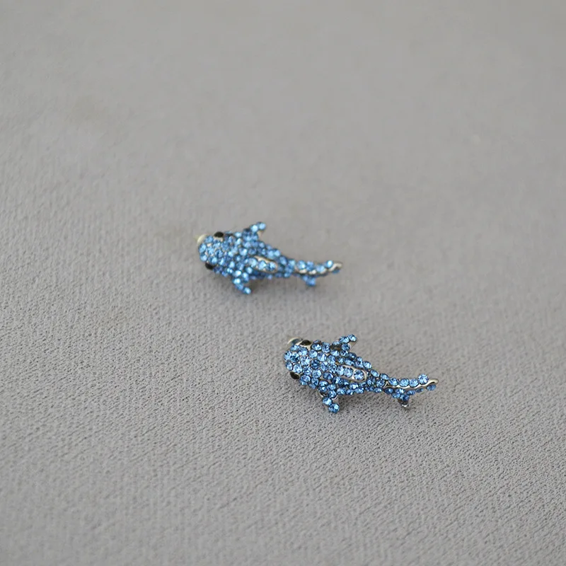 Ocean Elements Silver Color Invisible Inlaid All Blue Zircon Dolphin Earrings UNISEX Seaside Beach Party Jewelry Earrings