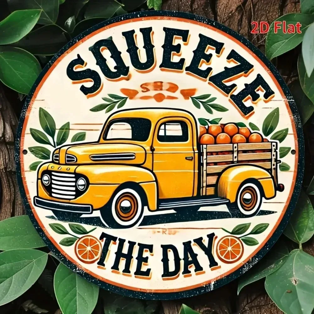 2D Flat Vintage Squeeze The Day Wooden Sign, Retro Citrus Truck Wall Art, Rustic Farmhouse Decor for Home, Kitchen, Patio – Nost