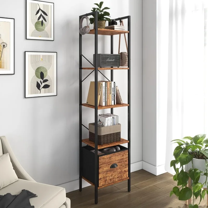 

5 Tier Bookshelves,Tall Narrow Bookcases with Shelves, Bookcase Storage Organizer,Industrial Bookshelf with Drawer