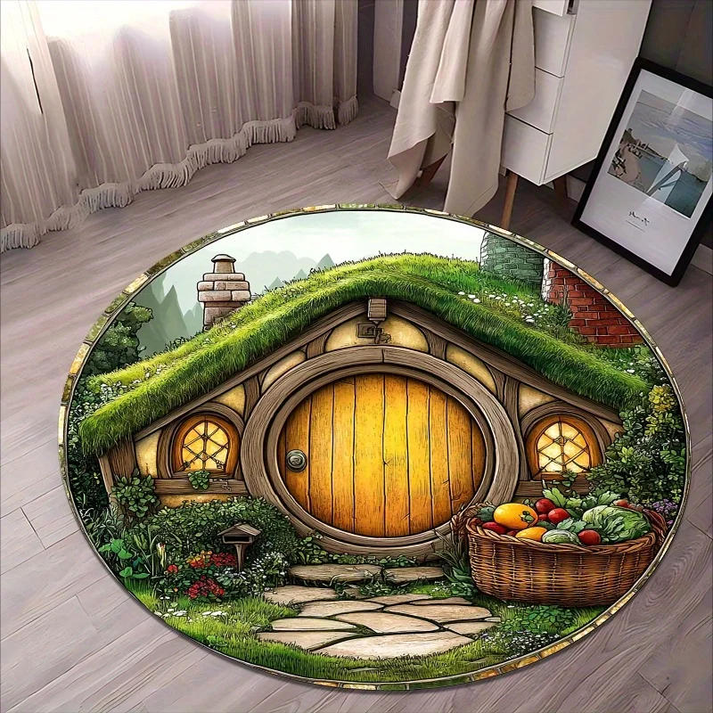 Retro Hobbit Cottage Flannel-printed round floor mats are slip-resistant Suitable for living room bedroom terrace garden carpets