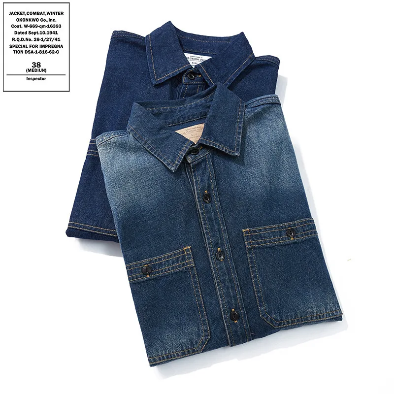 

Retro American Waed Heavy Denim irt Men's Original Color Long Sve irt Silk Cotton Youth Wear Resistant Fce Lined