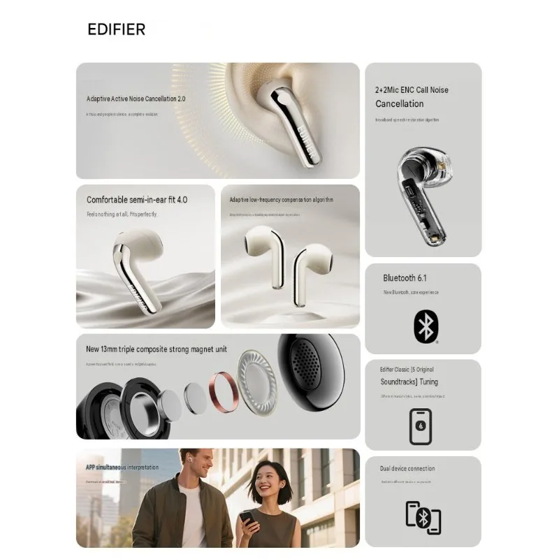Edifier LolliANC Bluetooth Headphones Active Noise Cancelling Semi-In-Ear Ergonomics Sports & Gaming Wireless Headphones