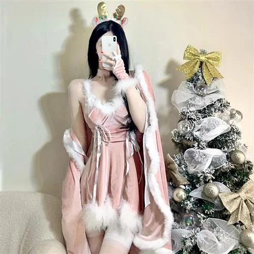 Sexy Cosplay Pink loween Pure Desire Elf Maid orm Cisas New Year Deer Costume Women's Dr Korean Velvet Material