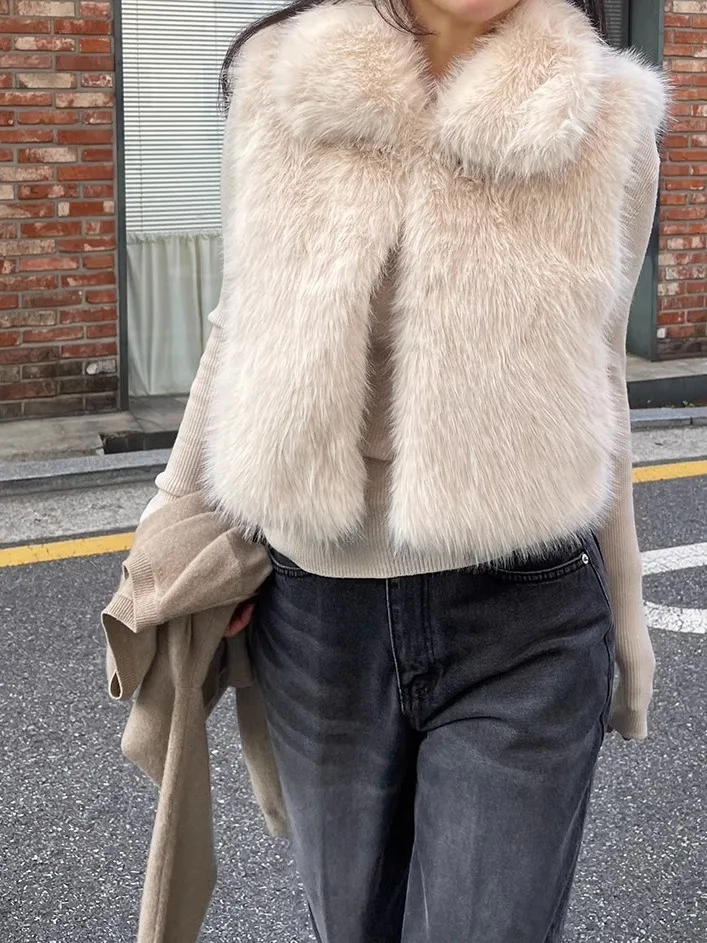 

Экологичный меховой жилет для женщин: зимний, модный, с эффектом люкс, с маленьким воротником, пушистый, повседневный, свободный крой, теплый