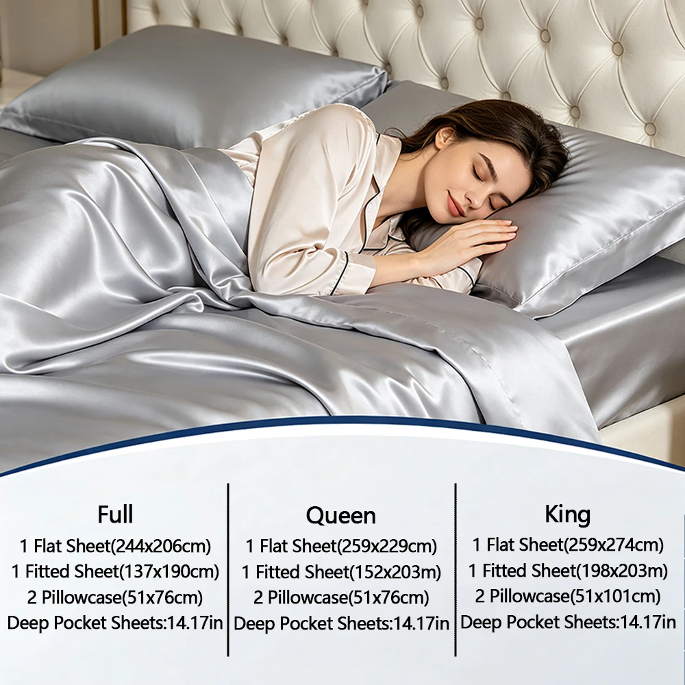 2200 Thread Count Ionic Silver Cooling Satin Bed Sheet Set, Luxury Hotel Silky Soft Bed Sheets, Deep Pocket Fitted Sheet, Anti-Pilling, Machine Washable Satin Bedding Set for Bedroom, Silver Grey  Blanket