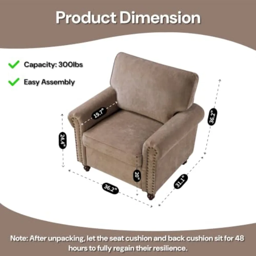 Rolled Arms Sofa Chair, Nailhead Accent Chair for Living Room