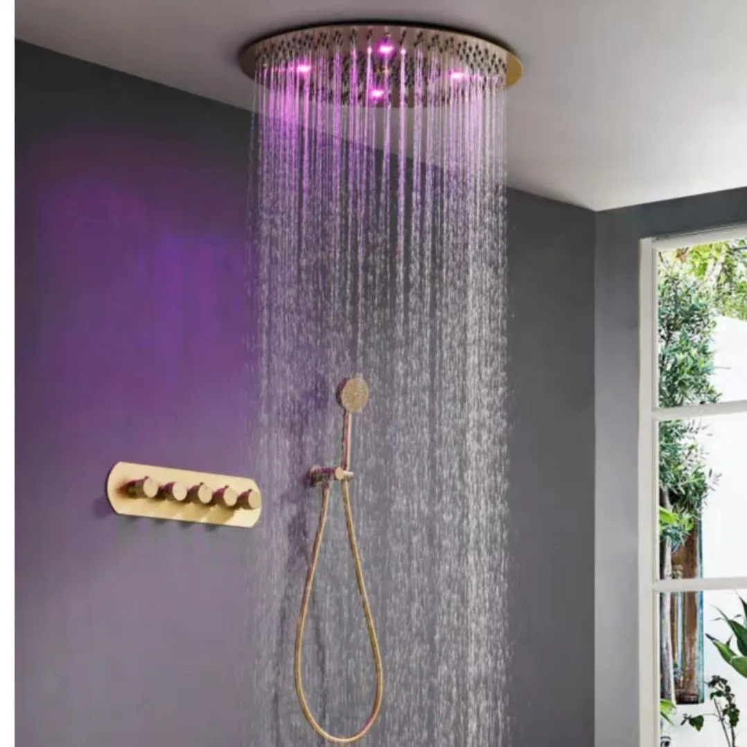Bathroom Shower Faucet Set Ceiling Rainfall Style Brush Gold Thermostatic Brass Gray LED Shower Mixer Set New Top High quality