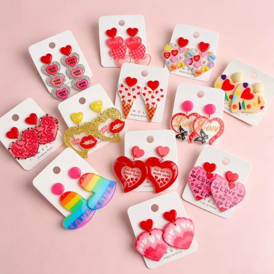 7/12Pairs Trendy Romantic Acrylic Dangle Earrings For Women Delicate Cute Y2k Heart Shape Mix Jewelry Holiday Party Gifts