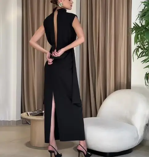 

Fashionable Round Neck Sleeveless Zipper Slim Fit Split Dress for Summer Ladies, Elegant and High-End Lace Up Sleeveless Dress