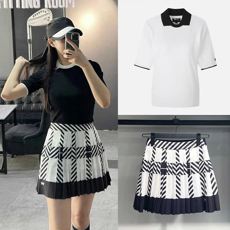 Summer Golf Shirt Women's New Fashionable And Versatile Short Sleeves Top Black And White Checkered Pleated Short Skirt