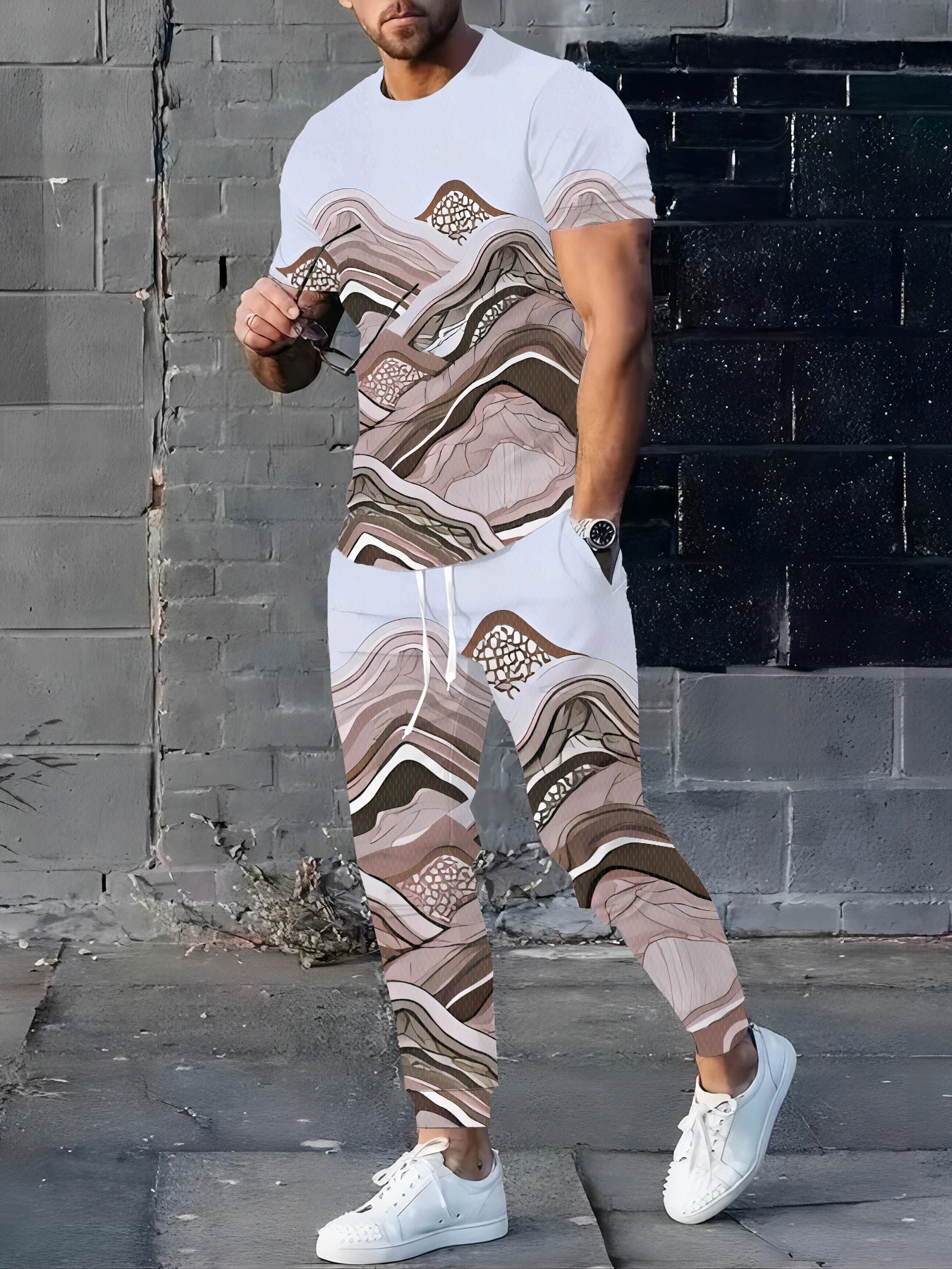 جديد شريط طباعة تي شيرت رجالي الشارع نمط الرجال موضة بنطلون الخريف والشتاء الرجال تي شيرت دافئ وبنطلون مجموعة #1