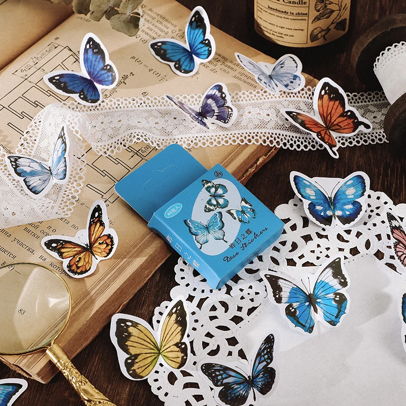 46Pcs Retro Butterfly Plant Flower Stickers Sealed Stickers Handmade DIY Decoration Album Scrapbook Collage