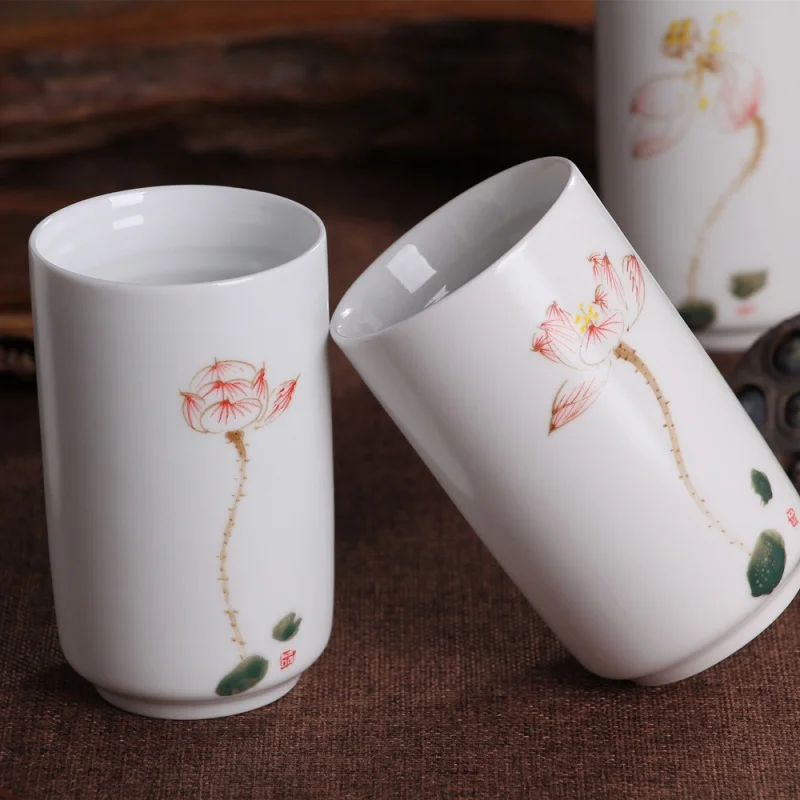 ★Sunny Jingdezhen Ceramic Hand Painted Matte White Glaze under Famille Rose Hand Drawning Lotus Cup Set Gift Cup