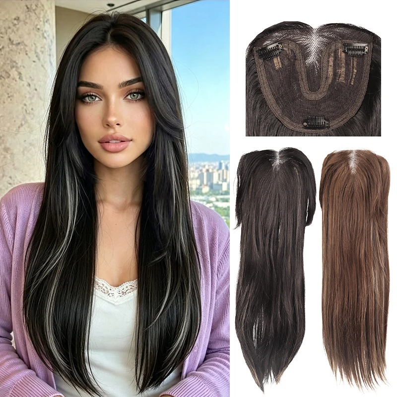 Large Area Hand-Tied Gray Highlighted Wig Topper, Synthetic Fiber, Breathable, Layered Straight Hairpiece for Women