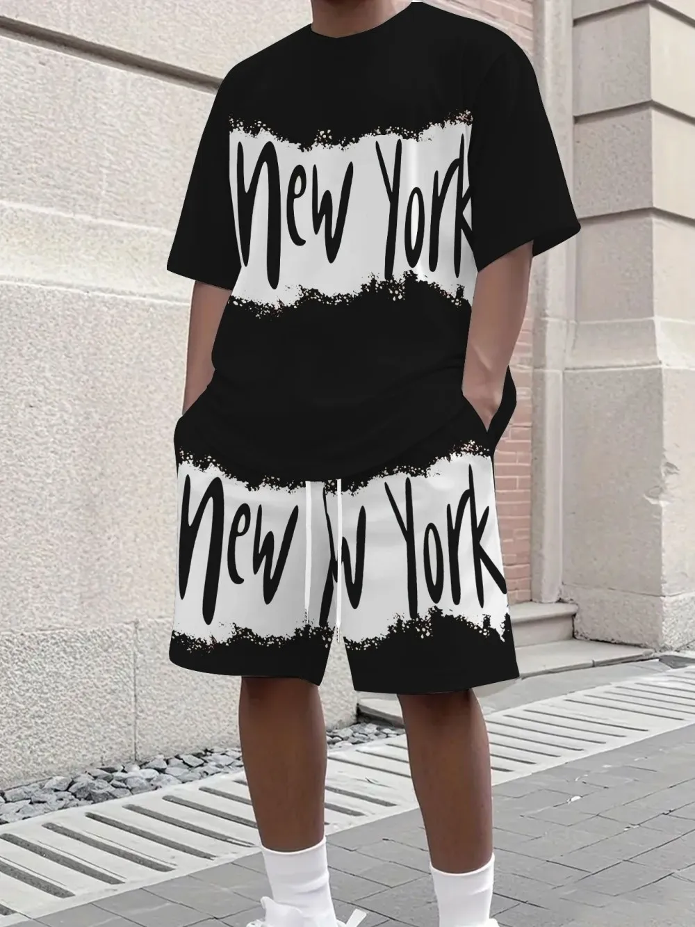 

Fashionable men's summer personalized letter print soft and breathable round neck T-shirt shorts set outdoor street style clothi