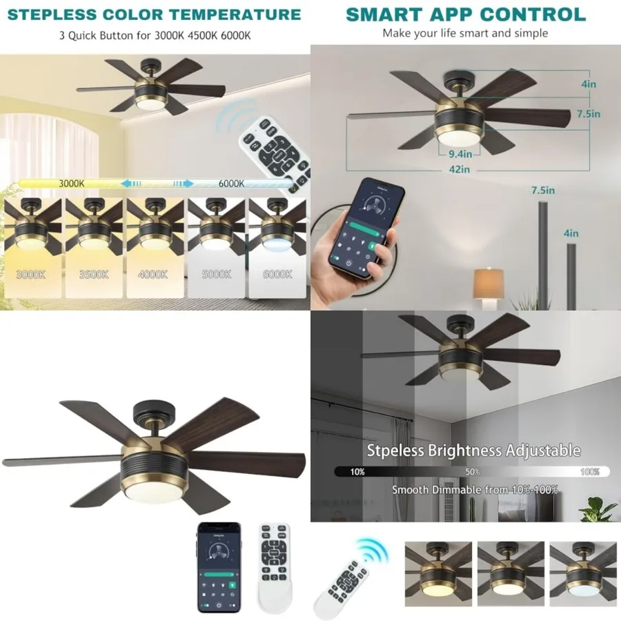 

Ceilg Fan with Lights and Remote, 6 Blade App Control Timer Reversible Stepless Brightness and Color Temperature Outdoor Wood C