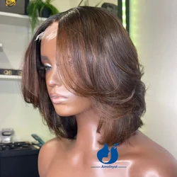 Amethyst 13x6 Brown Highlight Layers Lace Front Wig Short Bob Human Hair Brazilian Remy Hair Preplucked Bleached Knots for Women