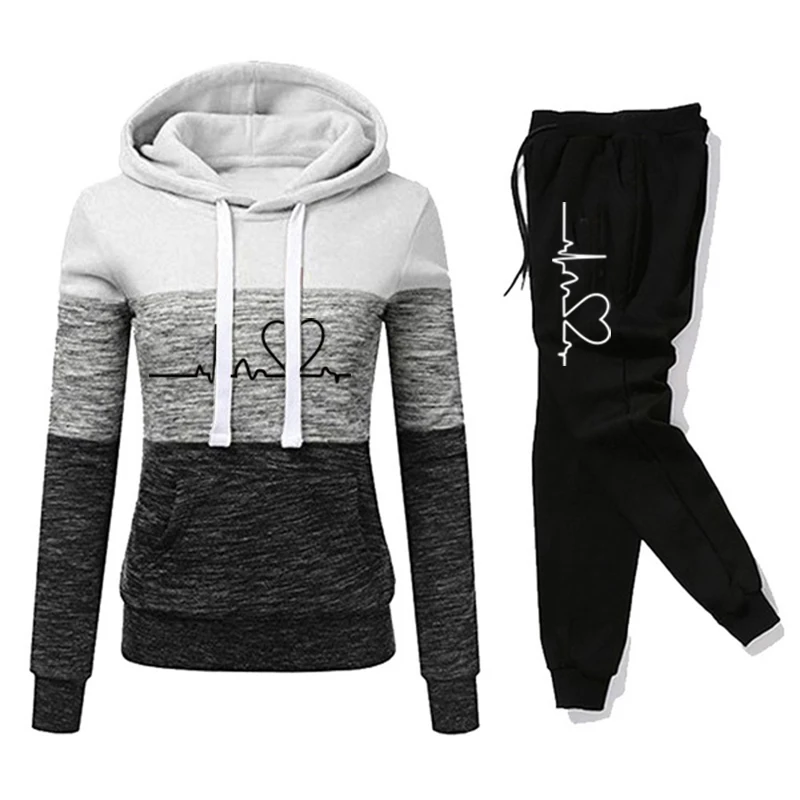 Autumn Winter Womens Tracksuit Heart Printing Hooded Sweatshirt+Pants 2 Pieces Set Splicing Pullover Casual Jogging Clothing