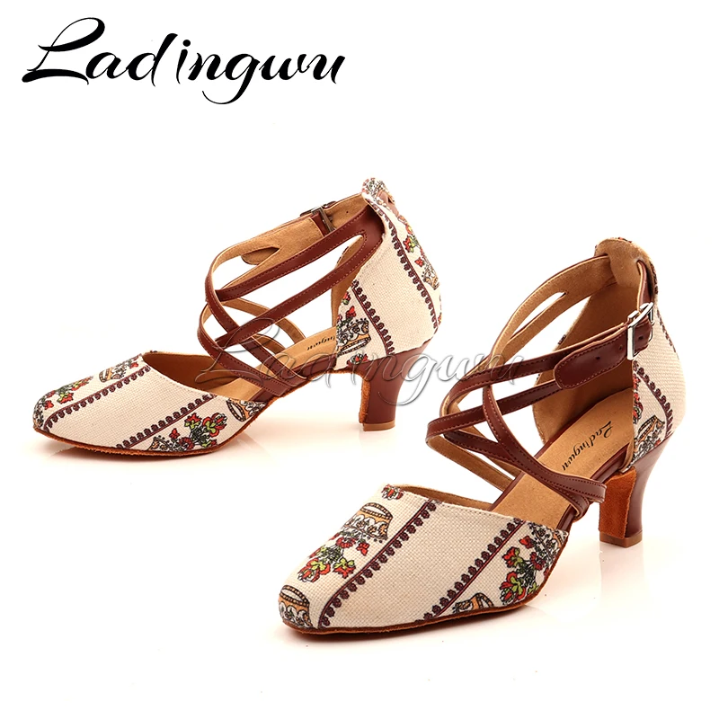 Ladingwu New Denim Floral Pattern Closed Toe Latin Dance Shoes Black Beige Autumn and Winter Ballroom Tango Salsa Dance Shoes