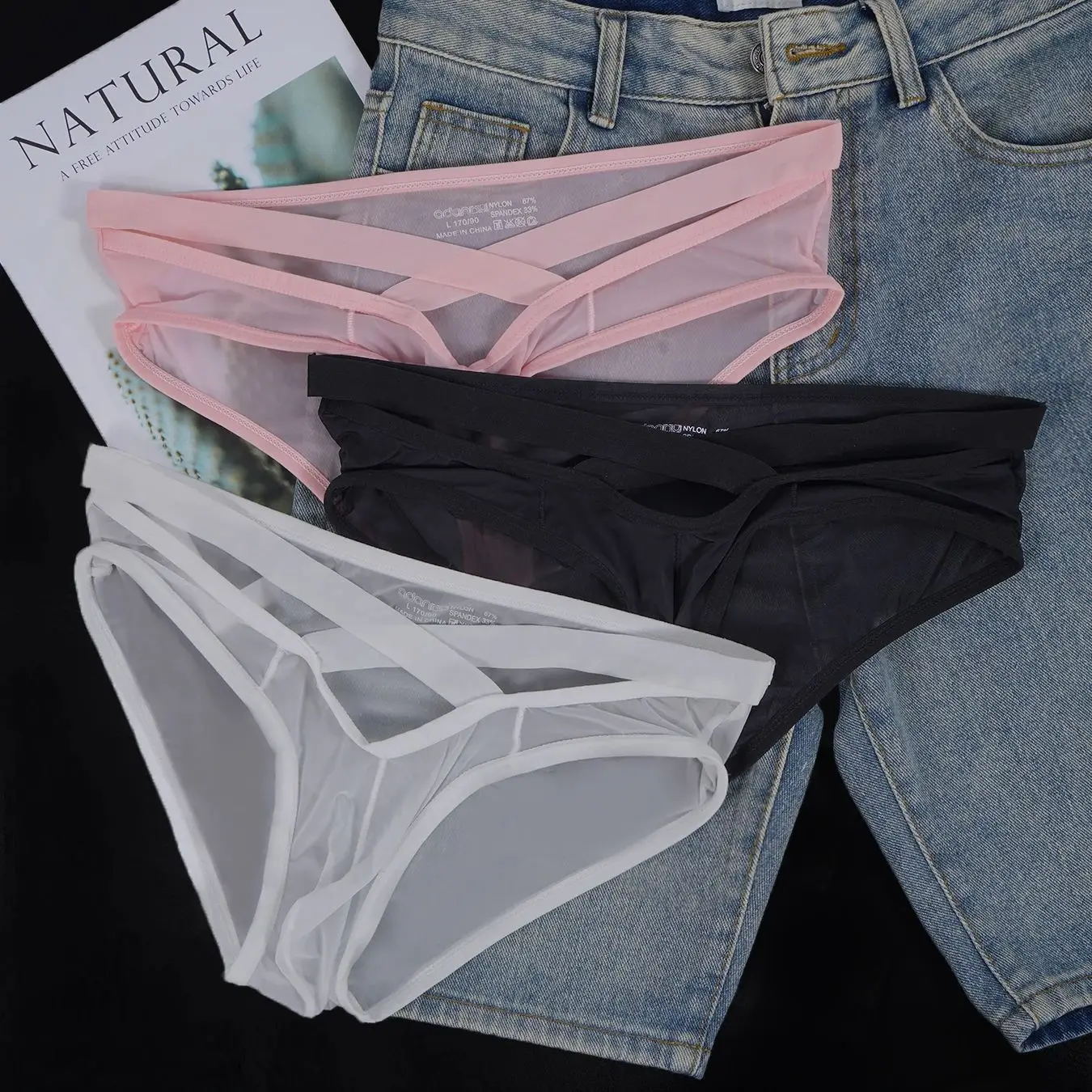 Men's Sheer Mesh Low-Waist Triangle Underwear Breathable Cross Strap Soft Briefs Single & Multiple Optional