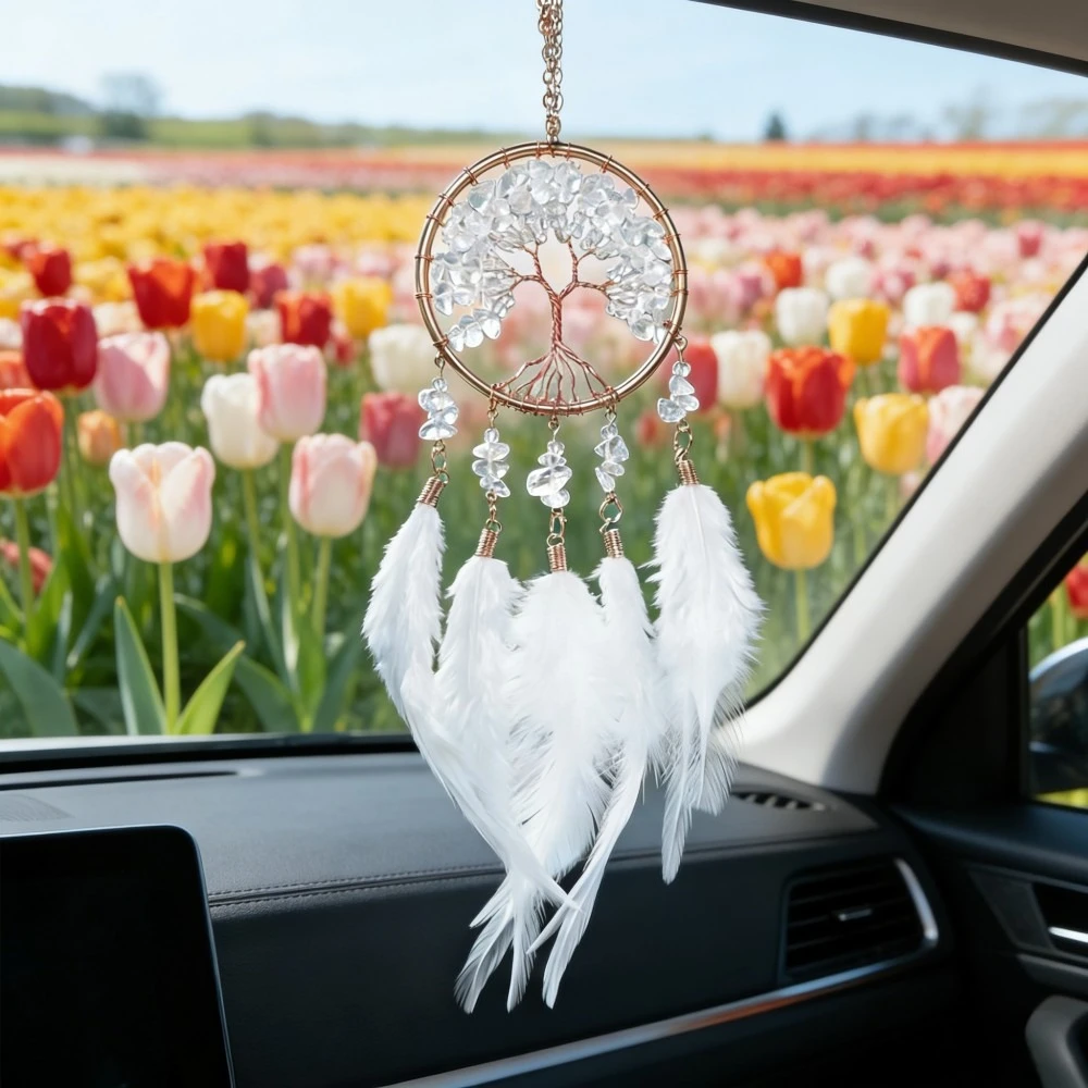 1 pc White Mini Dreamcatcher Car Rear View Mirror Hanging, Handicraft Feather Wind Chime Pendant, Natural