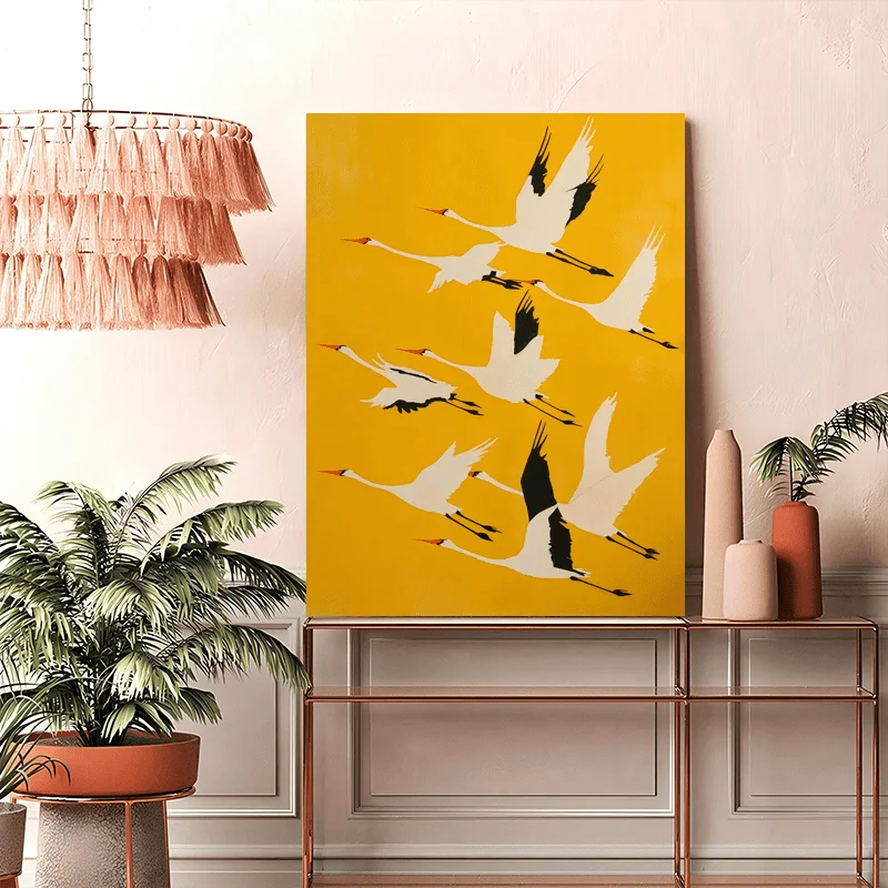 (No frame)2D Flat, Mid-Century Modern Bohemian Abstract Blue Swan Wall Art - Wooden Framed Canvas Painting Suitable for Hallo