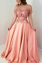 2024 Floral Pink Prom Dresses Lace Sheer Neck Off Shoulder O-Neck A Line Satin Floor Length Party Homecoming Evening Gowns