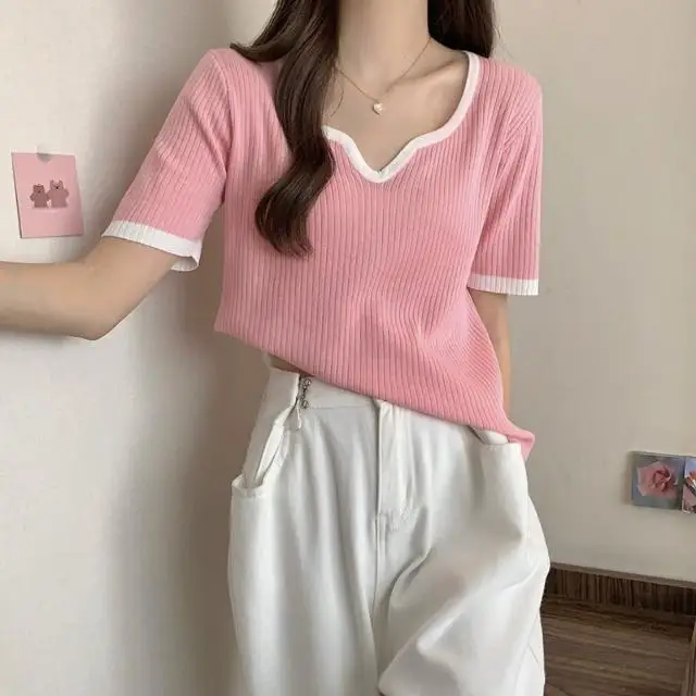 2024 Women's Seagull Collar Summer New Original Design Fashion Short Sleeve Pullover Contrast Color All-match Loose T-shirt Tops
