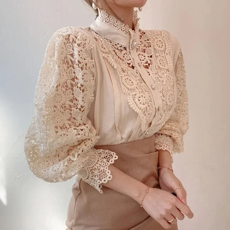 Spring Summer Hollow Out Lace Blouse Women Chic Button Vintage Shirt Stand Collar Tops All-match Long Puff Sleeve Clothes 12419