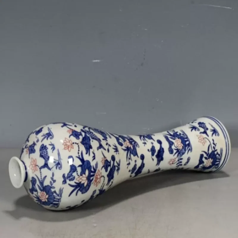 Antique Blue and White Underglaze Red Appreciation Vase - Fish and Seaweed Pattern, Exquisite Entryway Tabletop Decor
