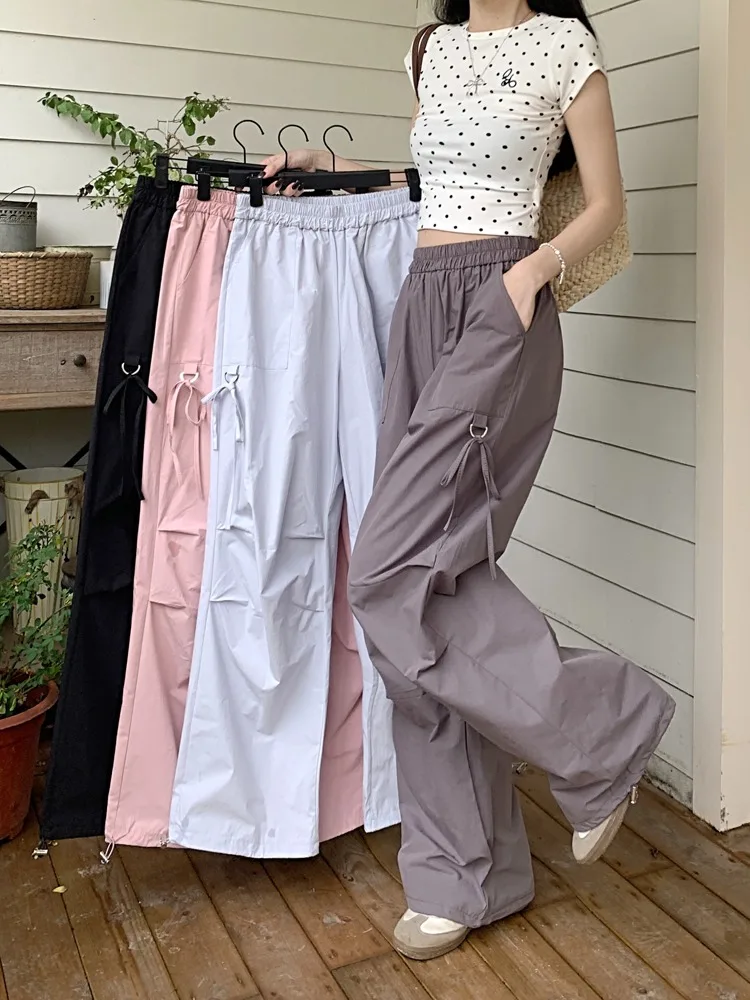 2024 새로운 스타일 아메리칸 캐주얼 카고 바지 여성 슬리밍 루즈 피트 와이드 레그 발목 스트레이트 레그 바지 다목적 캐주얼웨어 