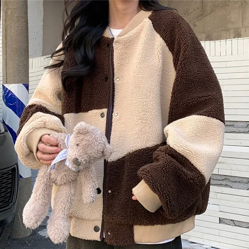 VIPOL Fleece Fluffy Patchwork Jacket Women Winter Harajuku Thicken Warm Fuzzy Plush Zip Up Hoodie Parka Coat Y2k Outwear Hoodies