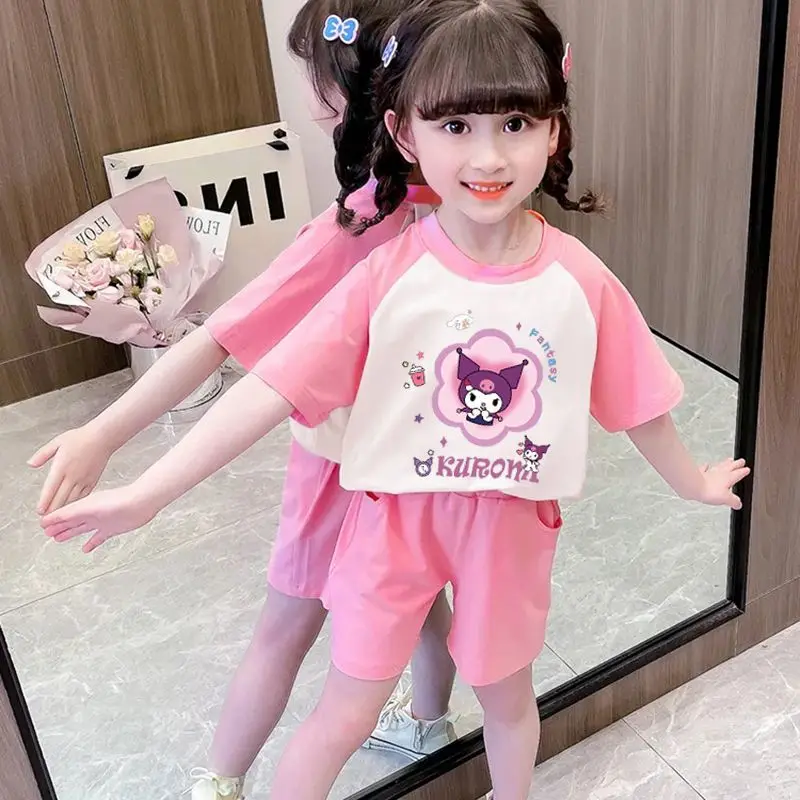 2 Stück Anime Sanrios Cinnamoroll Kurzarm Shorts Outfit Kawaii meine Melodie Kuromi Mädchen Baumwolle T-Shirt Sommer Cartoon Tops Hosen