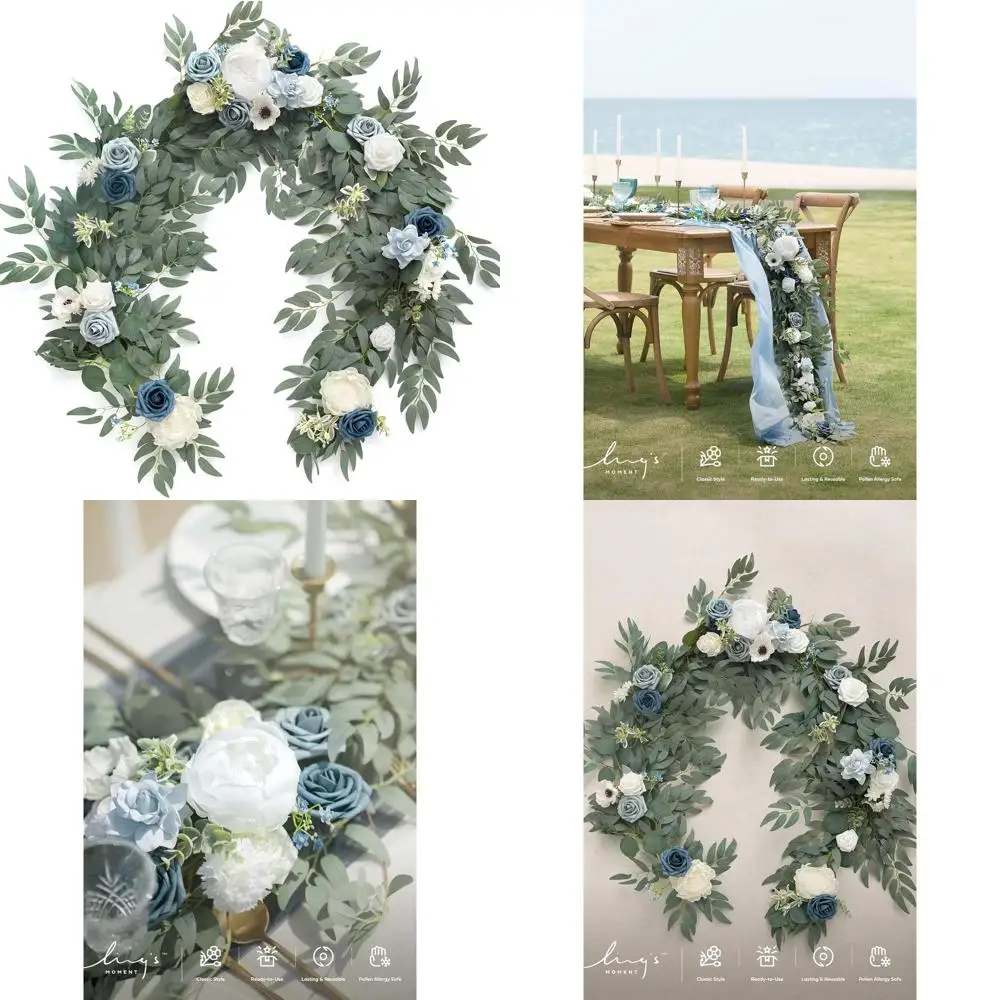 

6-Foot Eucalyptus & Rose Garland for Sweetheart Table or Wedding Reception, Artificial Arch Floral Decoration, Dusty Blue & Whit