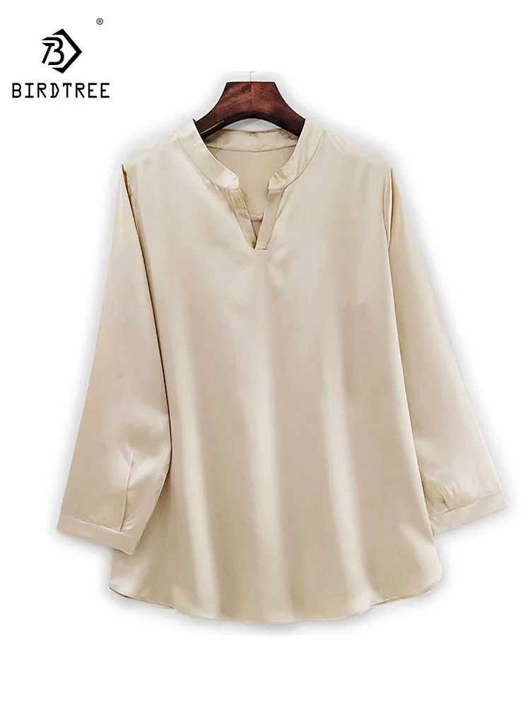 

Элегантная шелковая футболка BirdTree-22 мм, однотонная однотонная футболка с v-образным вырезом и длинными рукавами, женский темпераментный свободный топ на рабочем месте, новинка зимы 2025 года T5N599CC
