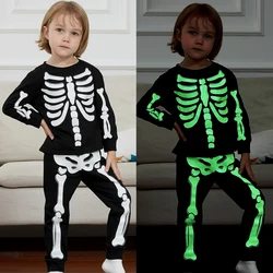 Piżama szkielet dla dzieci Halloween Pjs maluch Boys Girls jednorożec świecące w ciemności bielizna nocna dla niemowląt karnawałowe ubrania zestaw 2 PCS