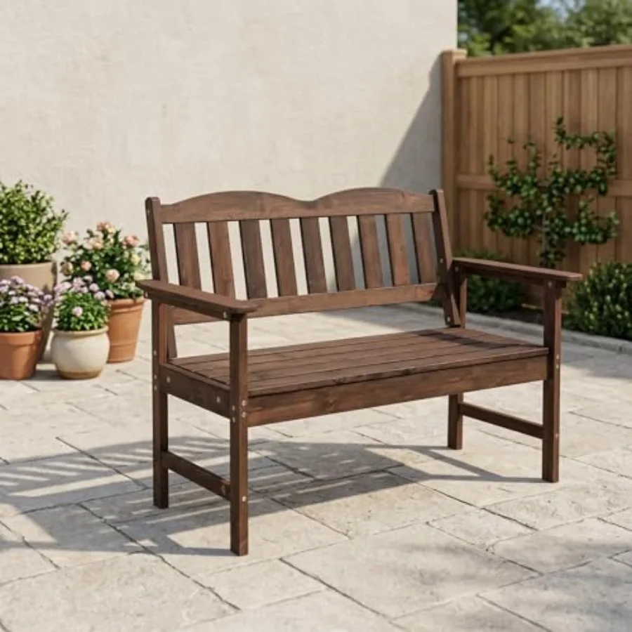 

4Feet Outdoor Wooden Bench, 2-Person Garden Bench, Slatted Patio Loveseat with Curved Backrest and Wide Armrest Ideal for Patio
