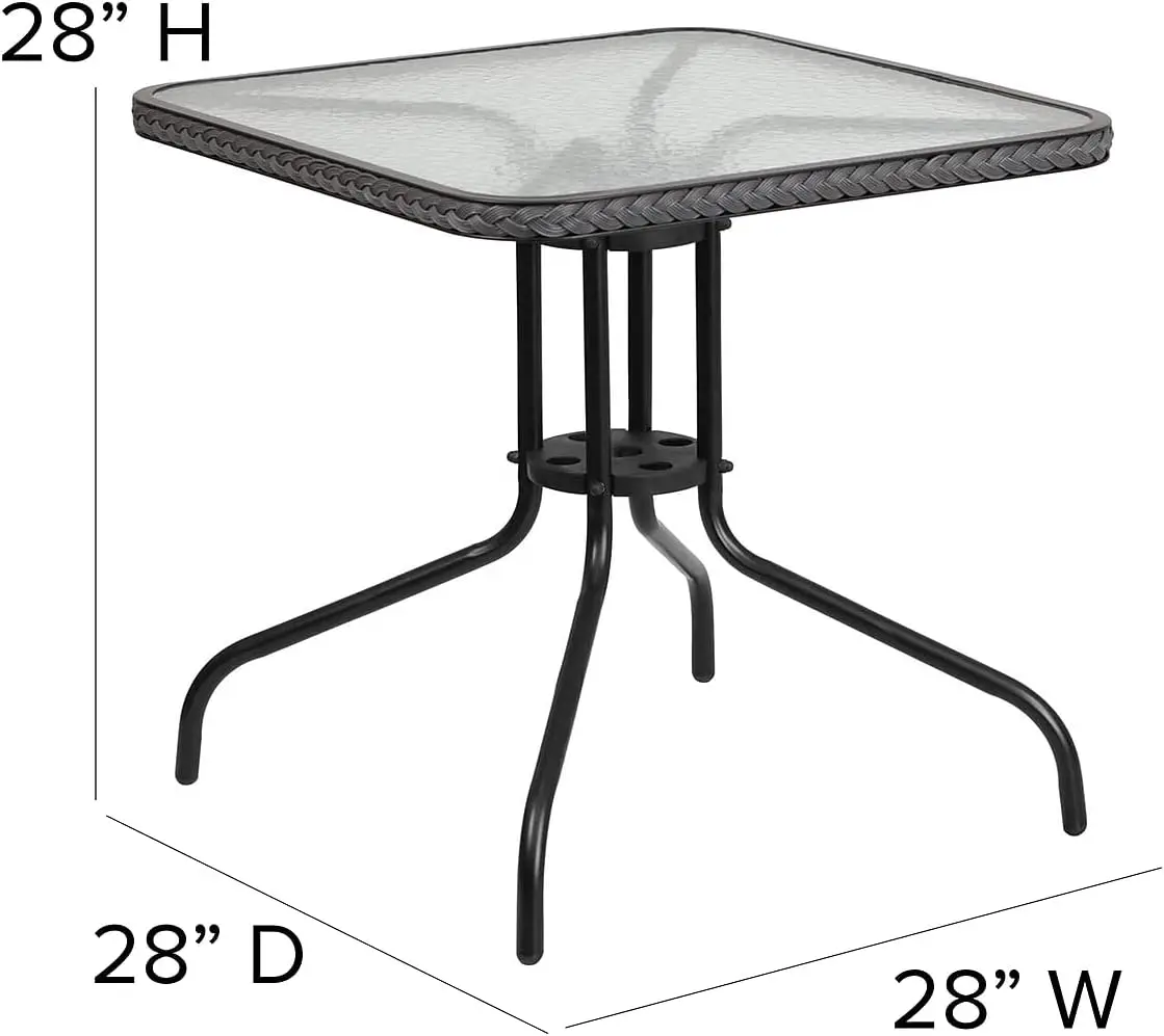 Lila 28'' kwadratowy szklany metalowy stół z ciemnobrązowym rattanowym obrzeżem i 4 krzesłami z rattanu w kolorze ciemnobrązowym muebles