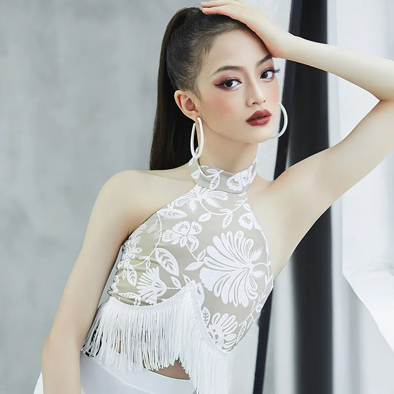 Latin dance practice outfit slim fit three piece set, with patterned vest and fringe pants, suitable for both girls and adults